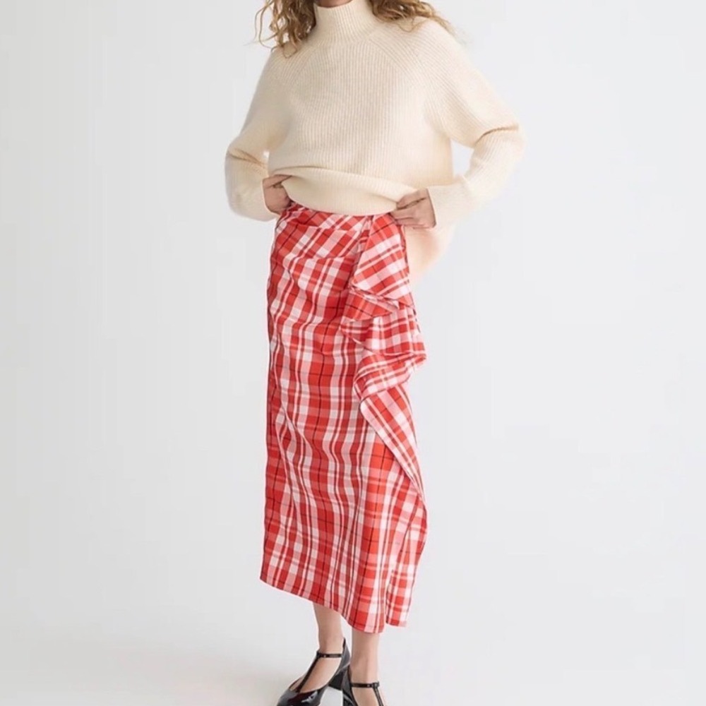 J. Crew Collection Long Ruffle Skirt in Red Plaid Midi Tartan Preppy - 0